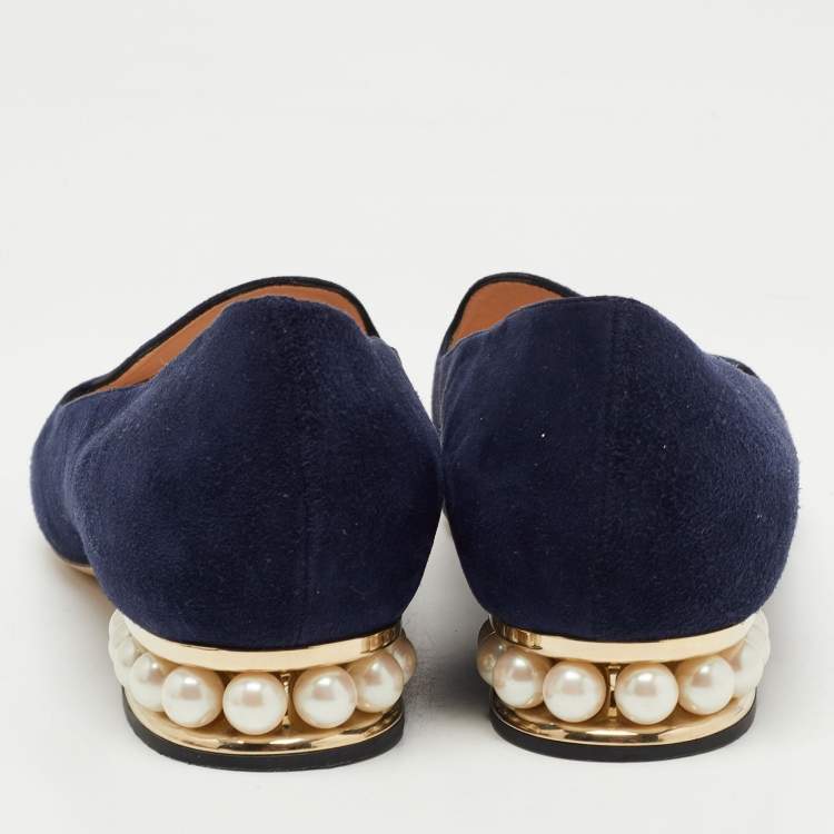 Pre Owned Nicholas Kirkwood Navy Blue Suede  Casati Faux Pearl Heel Pointed Toe Loafers Size 38