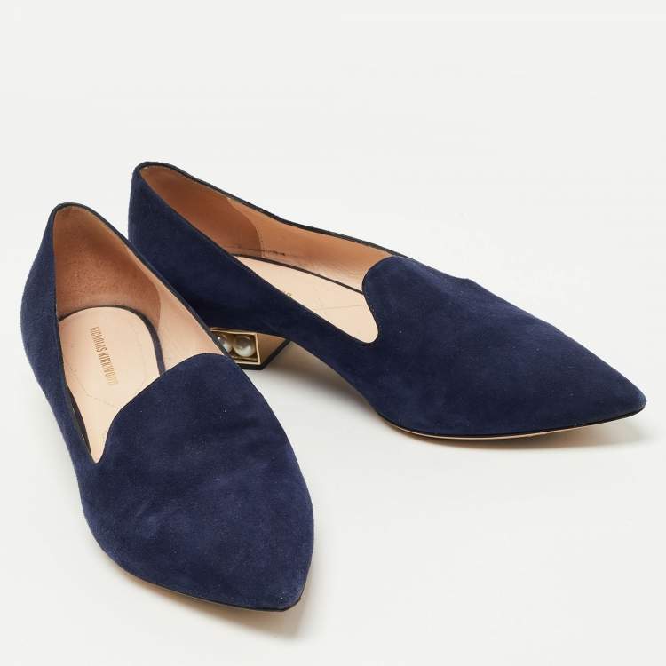 Pre Owned Nicholas Kirkwood Navy Blue Suede  Casati Faux Pearl Heel Pointed Toe Loafers Size 38