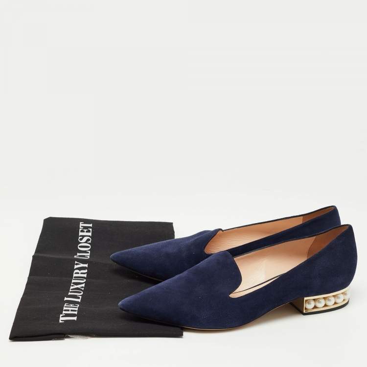 Pre Owned Nicholas Kirkwood Navy Blue Suede  Casati Faux Pearl Heel Pointed Toe Loafers Size 38