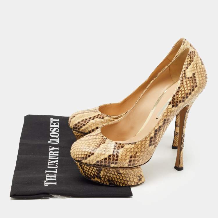 Pre Owned Nicholas Kirkwood Cream/Brown Python Leather Platform Pumps Size 39