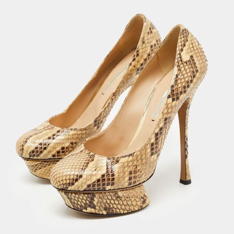 Pre Owned Nicholas Kirkwood Cream/Brown Python Leather Platform Pumps Size 39