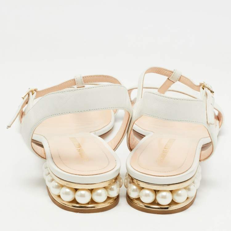Pre Owned Nicholas Kirkwood White Leather Faux Pearl Embellished Casati Sandals Size 38
