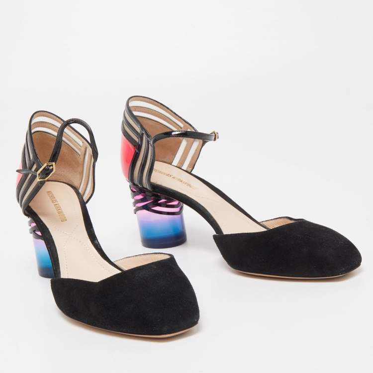 Pre Owned Nicholas Kirkwood Black/Pink Suede and Patent Ankle Strap Pumps Size 37.5