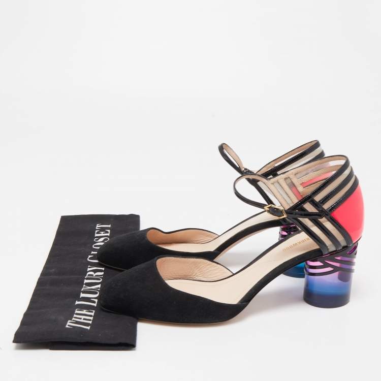 Pre Owned Nicholas Kirkwood Black/Pink Suede and Patent Ankle Strap Pumps Size 37.5