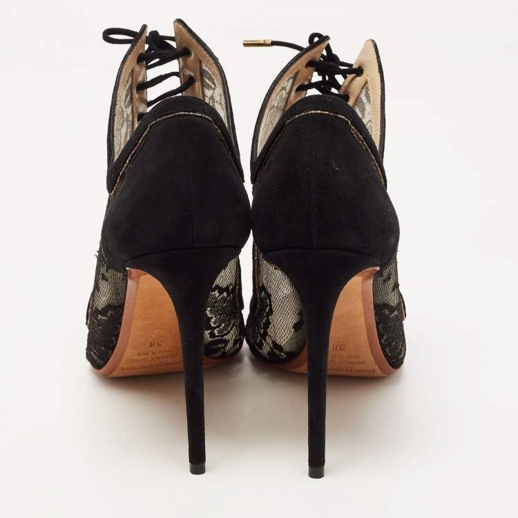 Pre Owned Nicholas Kirkwood Black Lace and Suede Cut Out Lace Up Booties Size 38