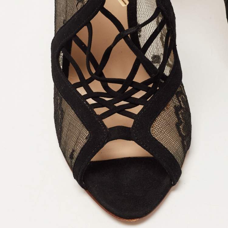 Pre Owned Nicholas Kirkwood Black Lace and Suede Cut Out Lace Up Booties Size 38