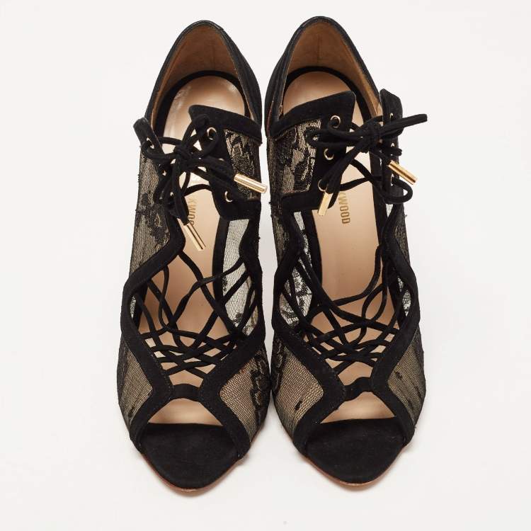 Pre Owned Nicholas Kirkwood Black Lace and Suede Cut Out Lace Up Booties Size 38