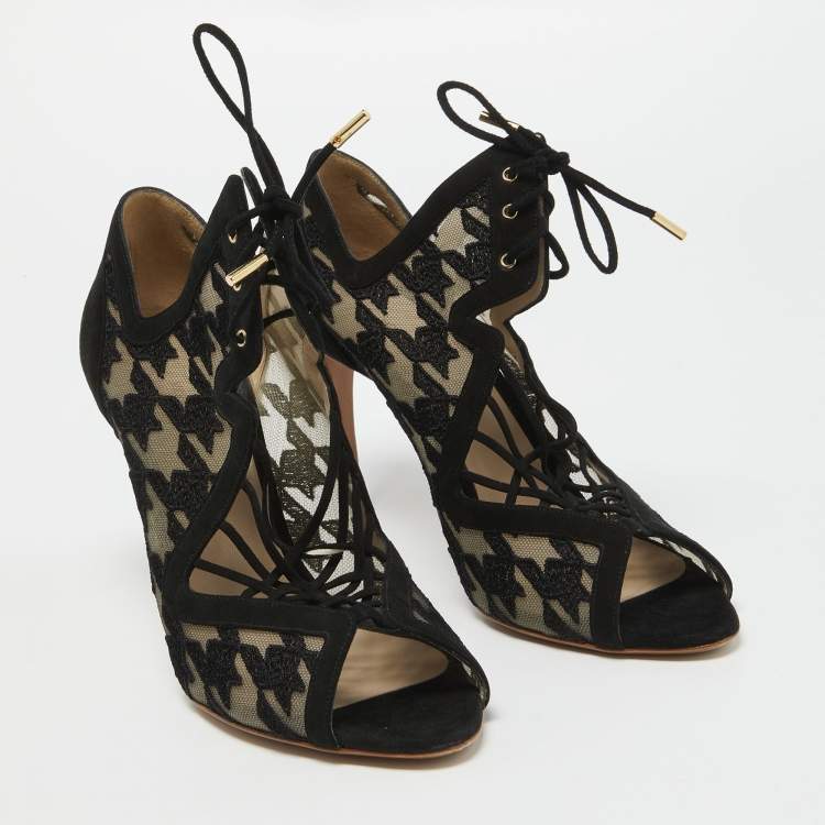 Pre Owned Nicholas Kirkwood Black Lace and Suede Peep Toe Lace Up Sandals Size 40.5