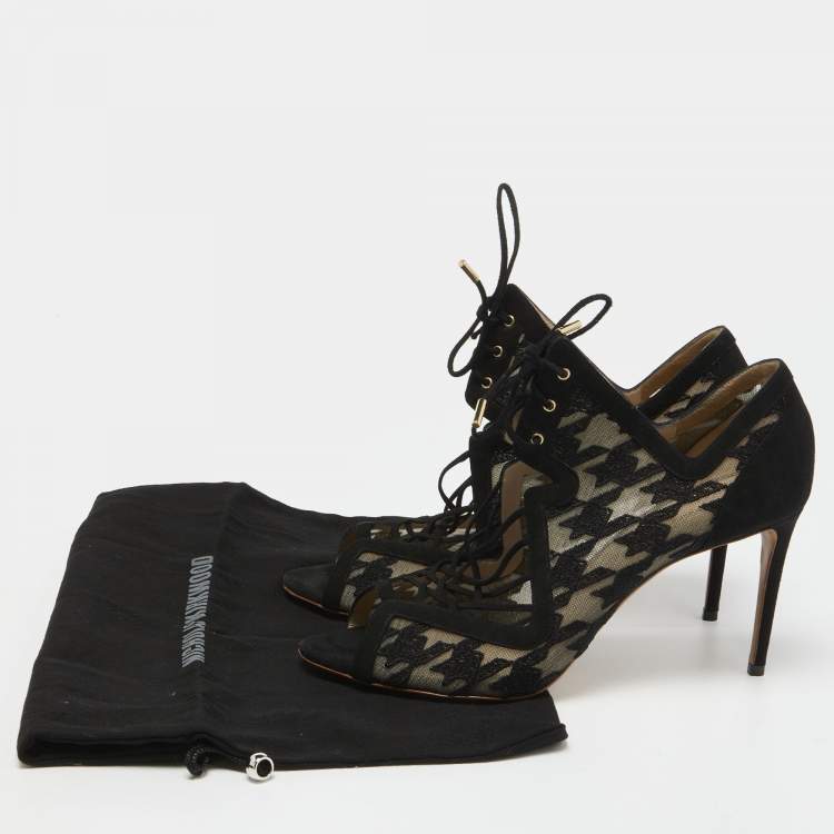 Pre Owned Nicholas Kirkwood Black Lace and Suede Peep Toe Lace Up Sandals Size 40.5