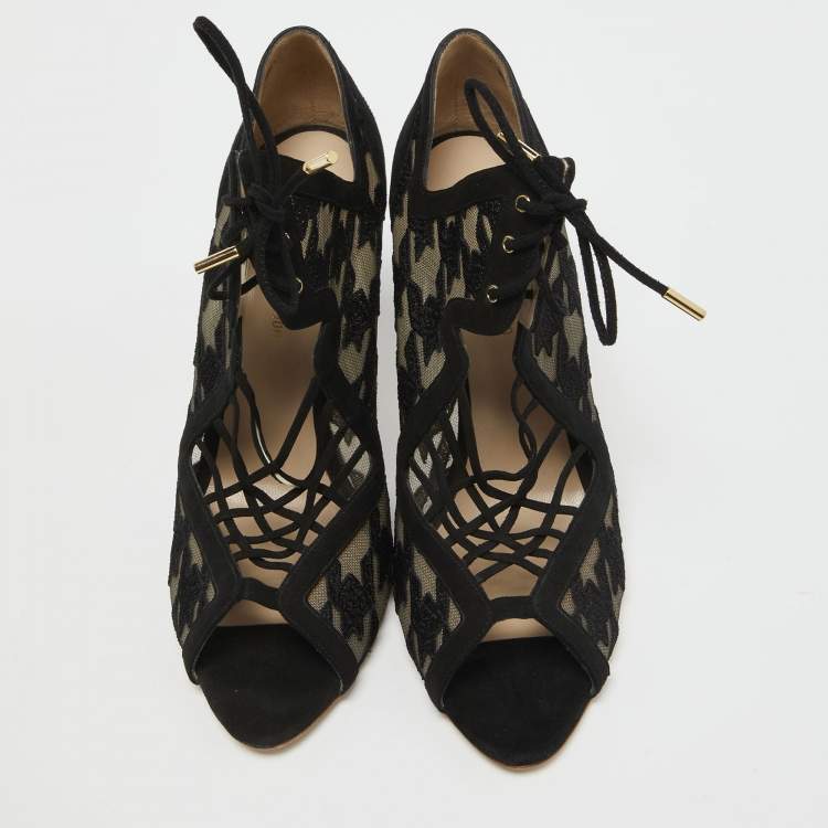 Pre Owned Nicholas Kirkwood Black Lace and Suede Peep Toe Lace Up Sandals Size 40.5
