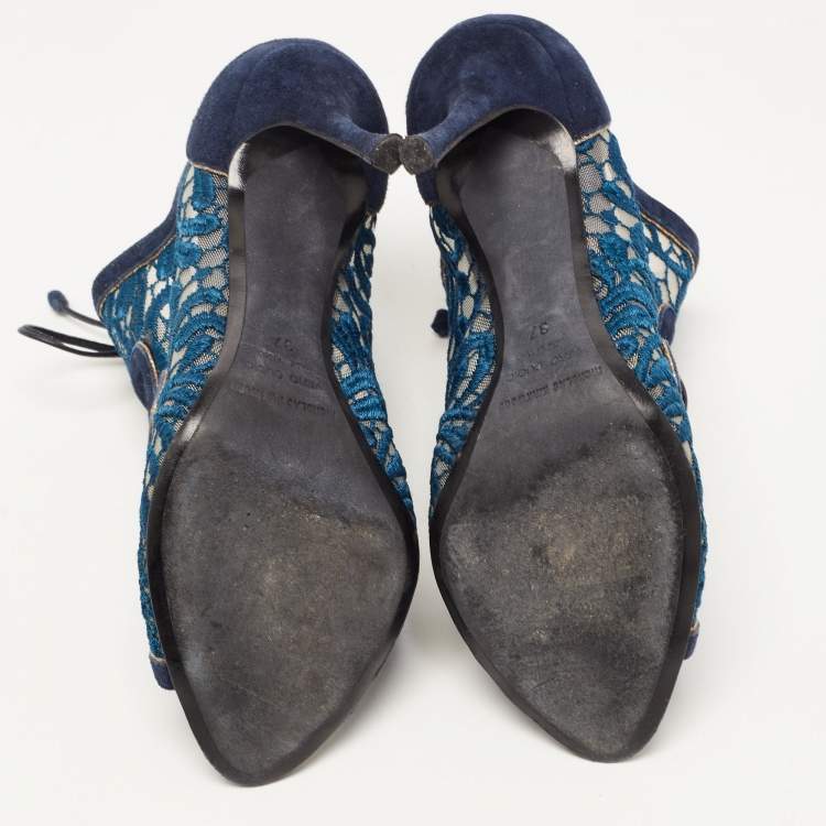 Pre Owned Nicholas Kirkwood Blue Suede and Lace Cut Out Lace Up Open Toe Booties Size 37