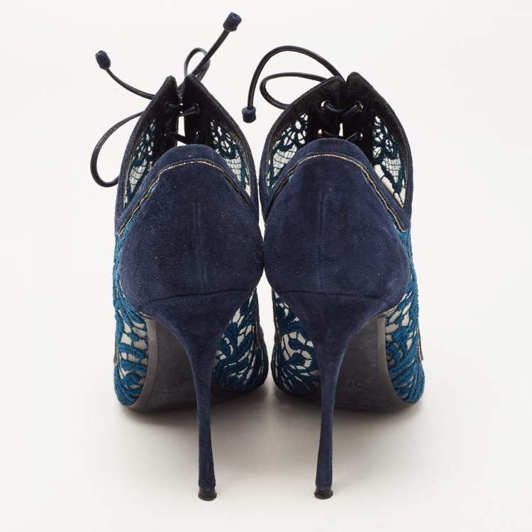Pre Owned Nicholas Kirkwood Blue Suede and Lace Cut Out Lace Up Open Toe Booties Size 37