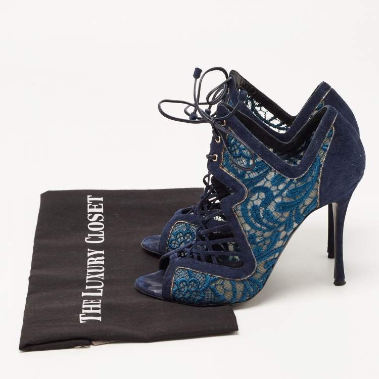 Pre Owned Nicholas Kirkwood Blue Suede and Lace Cut Out Lace Up Open Toe Booties Size 37