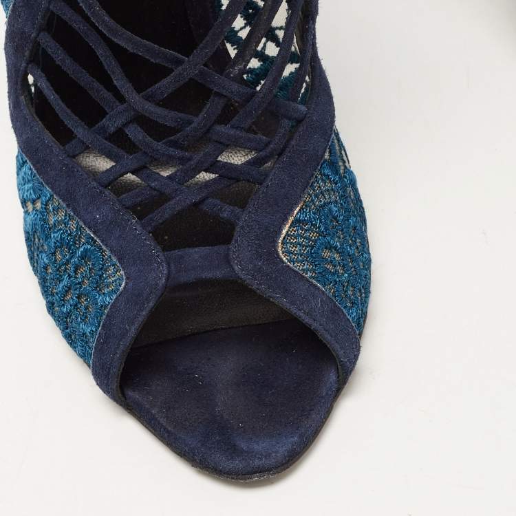 Pre Owned Nicholas Kirkwood Blue Suede and Lace Cut Out Lace Up Open Toe Booties Size 37