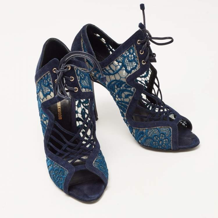 Pre Owned Nicholas Kirkwood Blue Suede and Lace Cut Out Lace Up Open Toe Booties Size 37