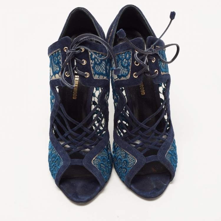 Pre Owned Nicholas Kirkwood Blue Suede and Lace Cut Out Lace Up Open Toe Booties Size 37