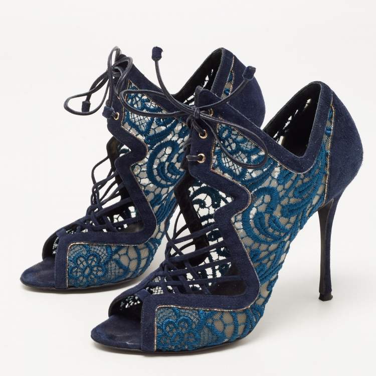 Pre Owned Nicholas Kirkwood Blue Suede and Lace Cut Out Lace Up Open Toe Booties Size 37