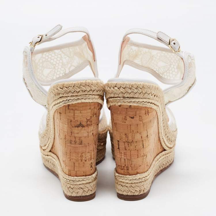 مملوكة مسبقًا Nicholas Kirkwood White Lace Wedge Platform Ankle Strap Espadrilles Size 39.5