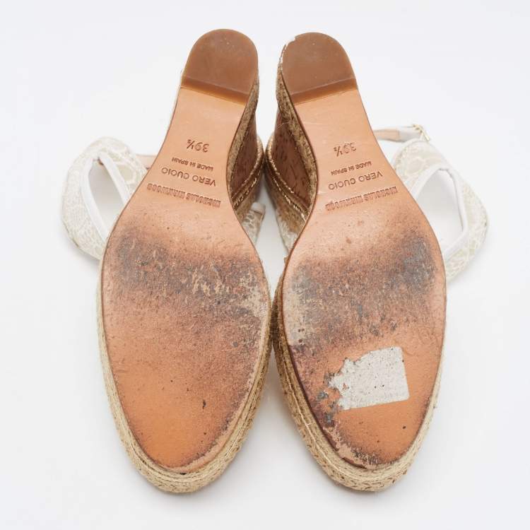 مملوكة مسبقًا Nicholas Kirkwood White Lace Wedge Platform Ankle Strap Espadrilles Size 39.5