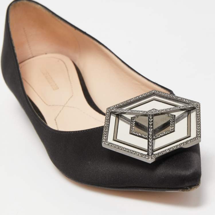 Pre Owned Nicholas Kirkwood Black Satin Embellished Ballet Flats Size 37.5