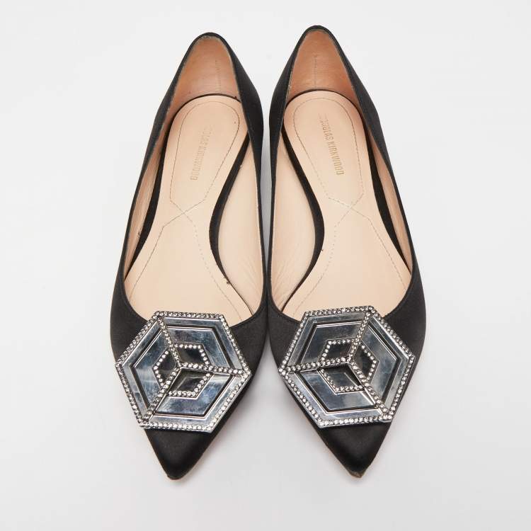 Pre Owned Nicholas Kirkwood Black Satin Embellished Ballet Flats Size 37.5