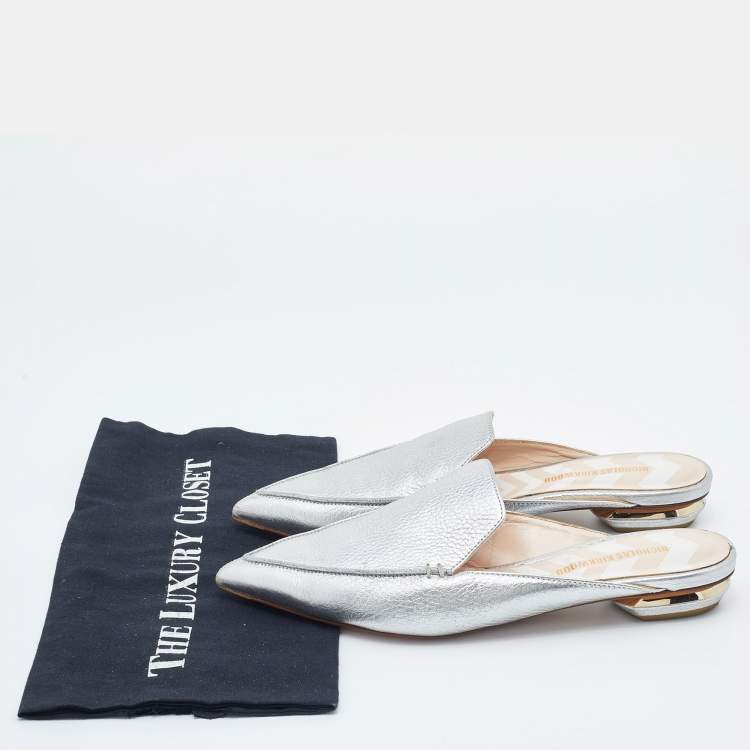 Pre Owned Nicholas Kirkwood Silver Leather Pointed Toe Beya Flat Mules Size 39.5