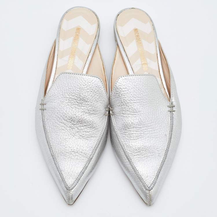 Pre Owned Nicholas Kirkwood Silver Leather Pointed Toe Beya Flat Mules Size 39.5