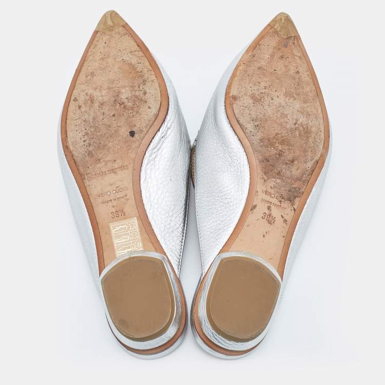 Pre Owned Nicholas Kirkwood Silver Leather Pointed Toe Beya Flat Mules Size 39.5