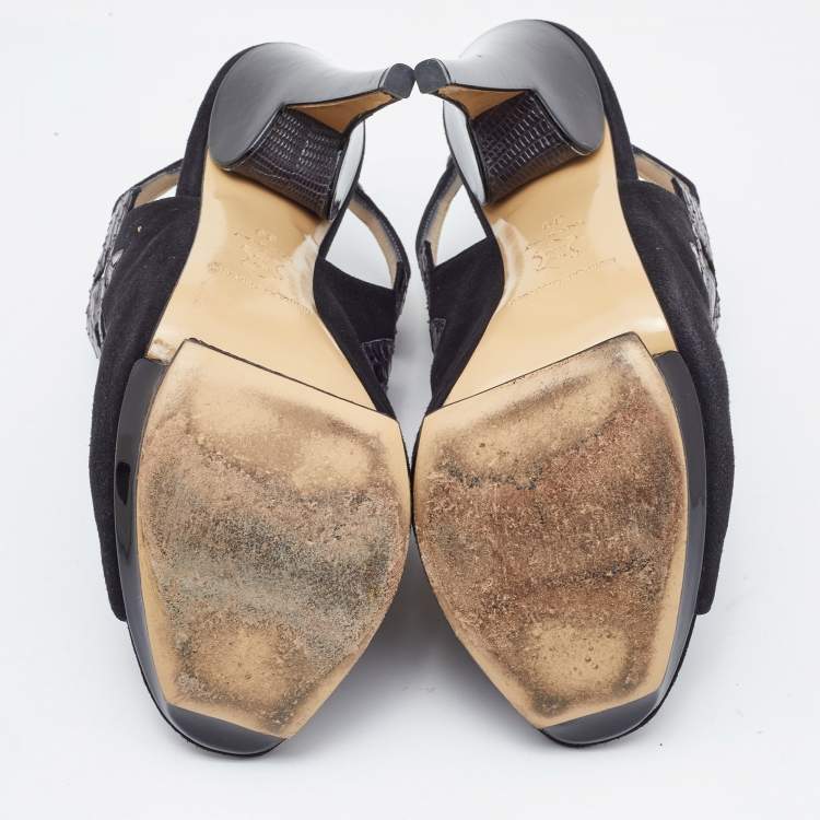 Pre Owned Nicholas Kirkwood Black Watersnake Leather and Suede Slingback Sandals Size 39