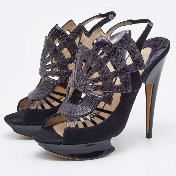 Pre Owned Nicholas Kirkwood Black Watersnake Leather and Suede Slingback Sandals Size 39
