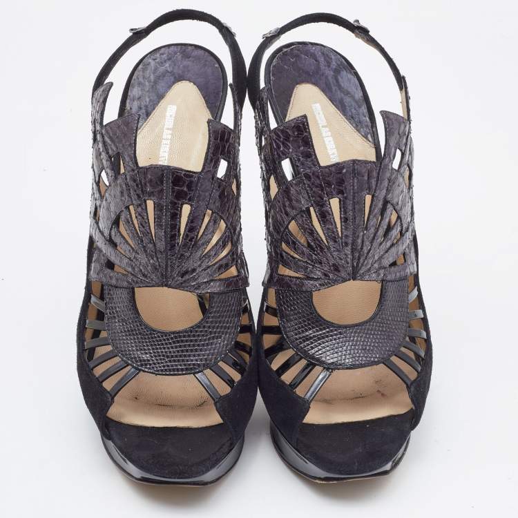 Pre Owned Nicholas Kirkwood Black Watersnake Leather and Suede Slingback Sandals Size 39