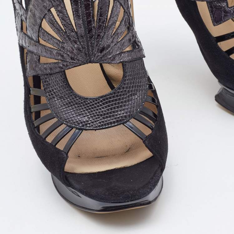 Pre Owned Nicholas Kirkwood Black Watersnake Leather and Suede Slingback Sandals Size 39
