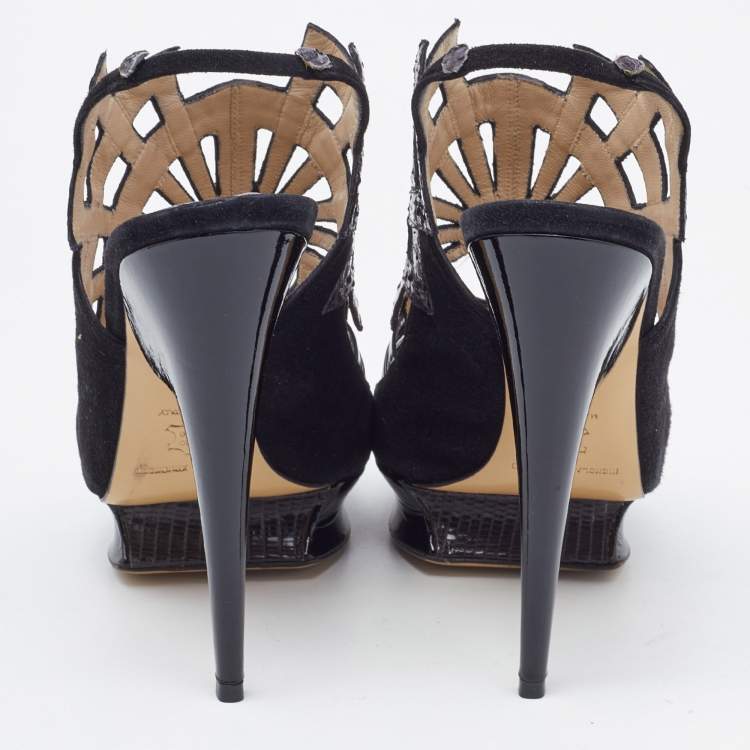 Pre Owned Nicholas Kirkwood Black Watersnake Leather and Suede Slingback Sandals Size 39