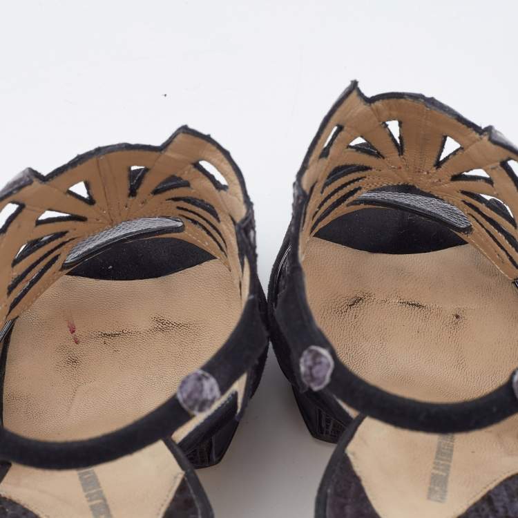 Pre Owned Nicholas Kirkwood Black Watersnake Leather and Suede Slingback Sandals Size 39