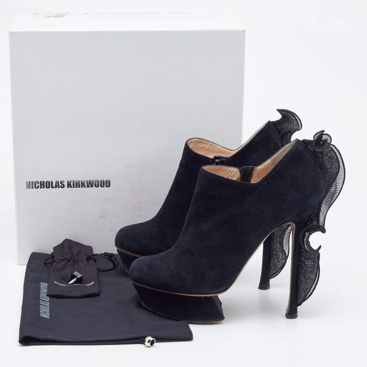 Pre Owned Nicholas Kirkwood Black Suede Ruffle Trimmed Platform Pumps Size 40