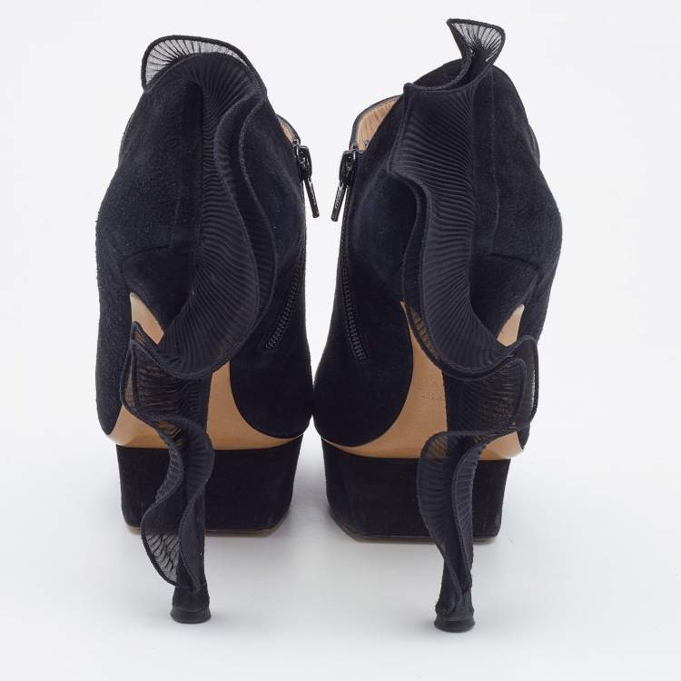 Pre Owned Nicholas Kirkwood Black Suede Ruffle Trimmed Platform Pumps Size 40
