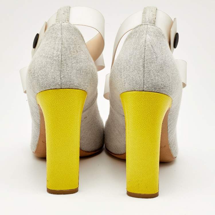 Pre Owned Nicholas Kirkwood Grey/White Jersey Fabric and Rubber Bow T-Strap Pumps Size 38