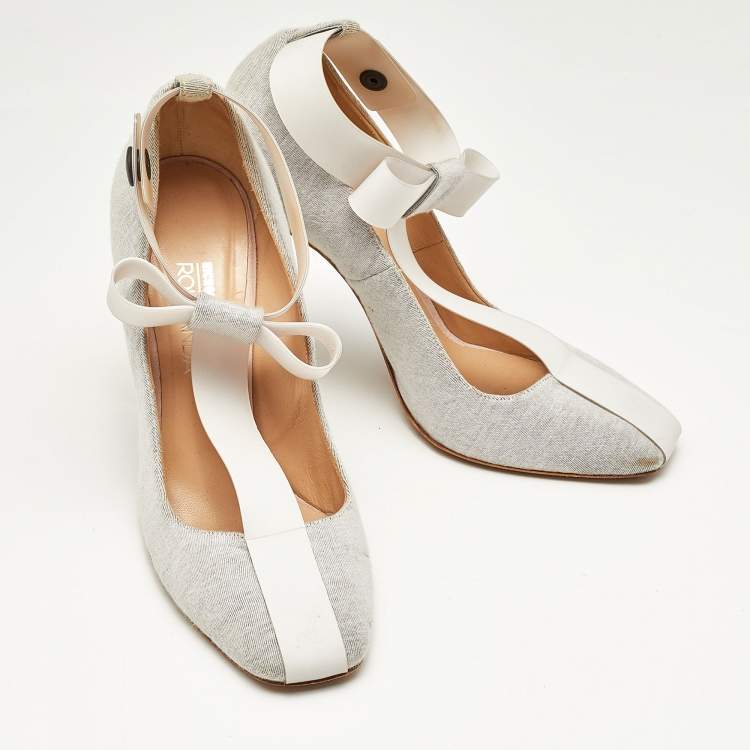 Pre Owned Nicholas Kirkwood Grey/White Jersey Fabric and Rubber Bow T-Strap Pumps Size 38