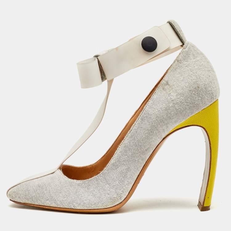 Pre Owned Nicholas Kirkwood Grey/White Jersey Fabric and Rubber Bow T-Strap Pumps Size 38