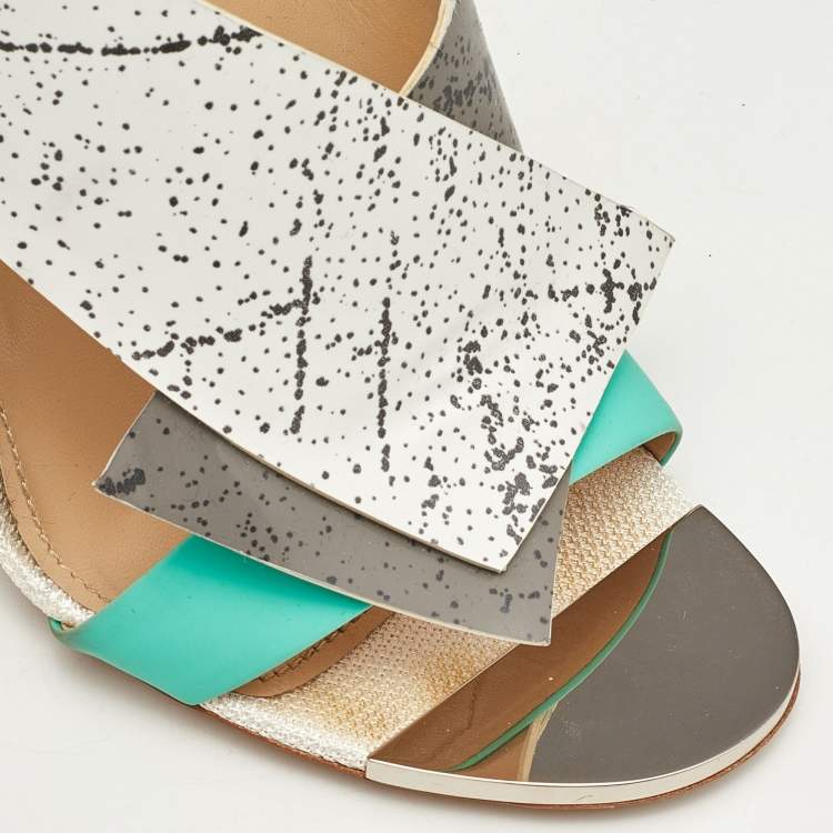 Pre Owned Nicholas Kirkwood Tricolor Printed Leather and Mesh Open Toe Sandals Size 38.5