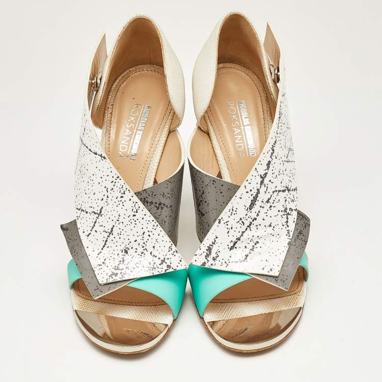 Pre Owned Nicholas Kirkwood Tricolor Printed Leather and Mesh Open Toe Sandals Size 38.5