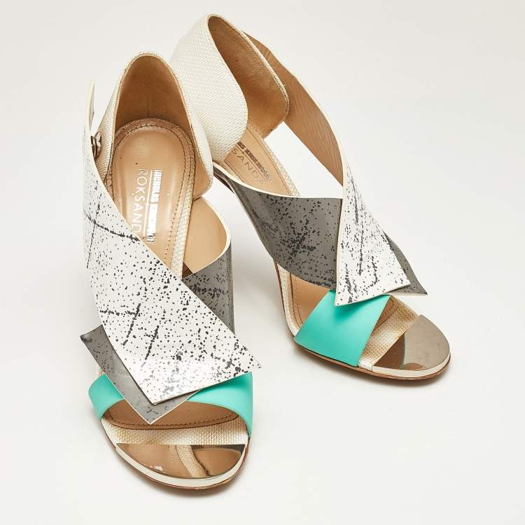 Pre Owned Nicholas Kirkwood Tricolor Printed Leather and Mesh Open Toe Sandals Size 38.5