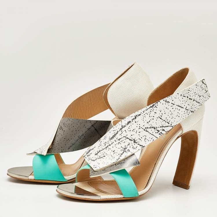 Pre Owned Nicholas Kirkwood Tricolor Printed Leather and Mesh Open Toe Sandals Size 38.5