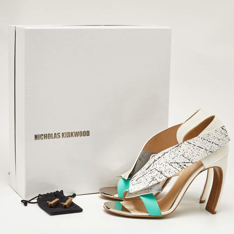 Pre Owned Nicholas Kirkwood Tricolor Printed Leather and Mesh Open Toe Sandals Size 38.5