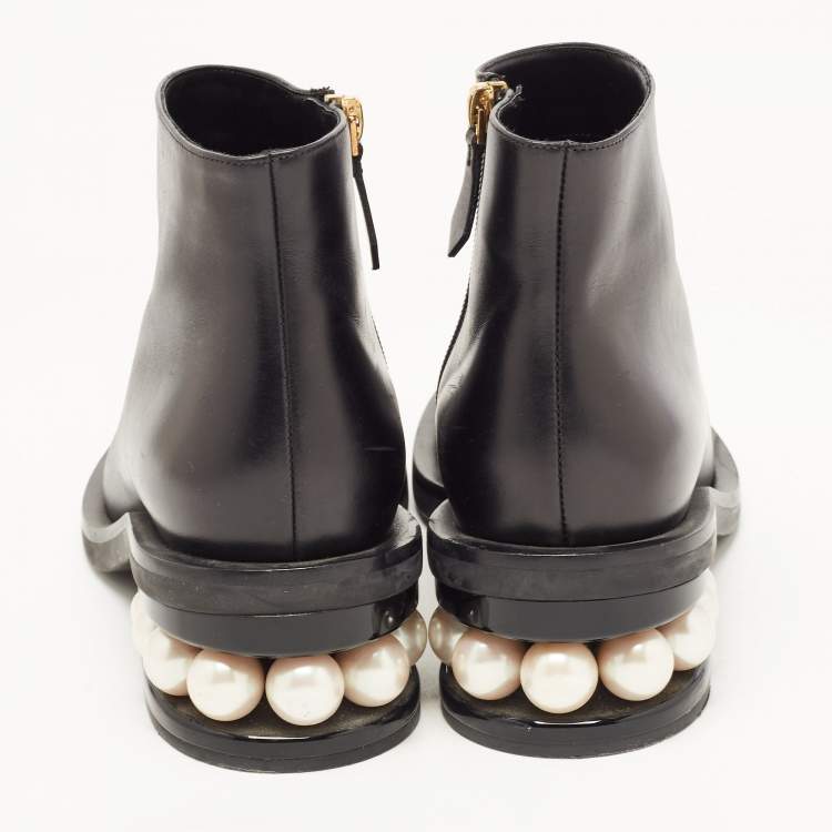 Pre Owned Nicholas Kirkwood Black Leather Pearl Studded Ankle Boots Size 39