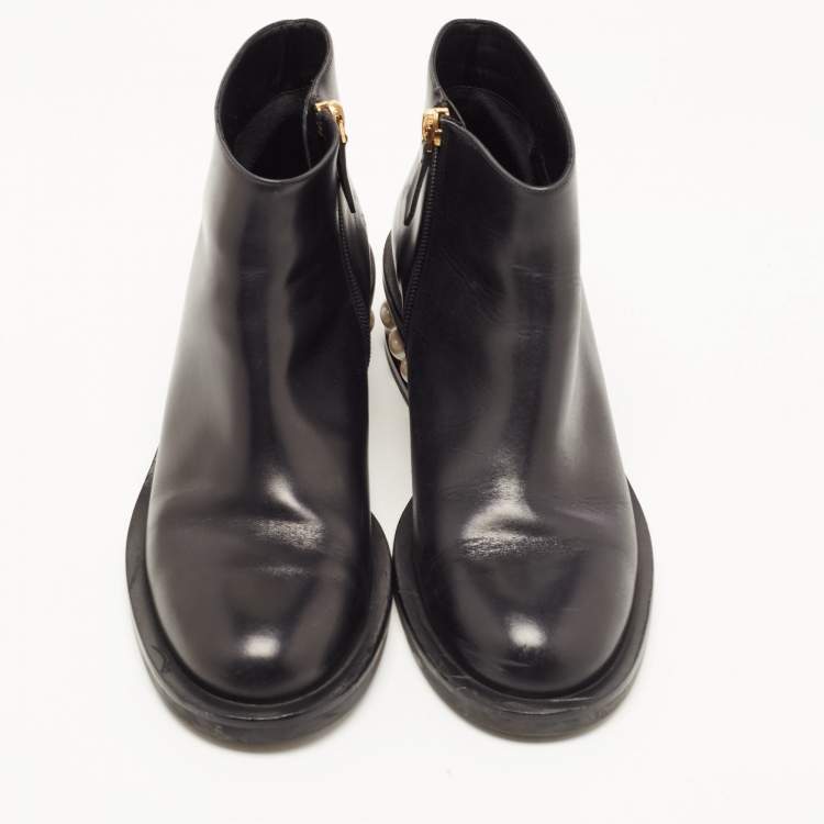 Pre Owned Nicholas Kirkwood Black Leather Pearl Studded Ankle Boots Size 39