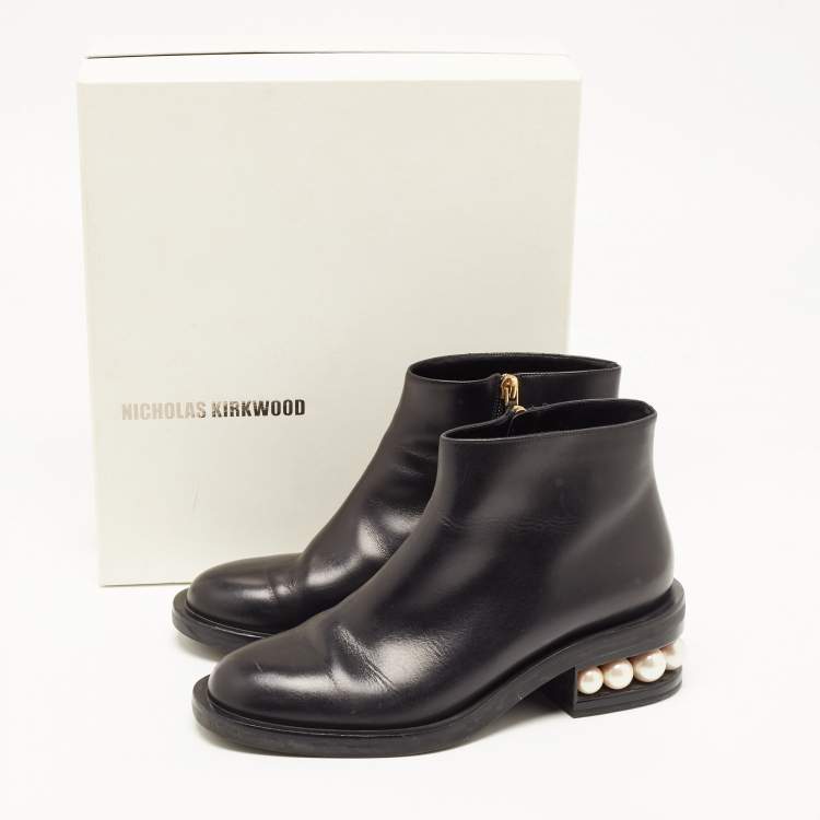 Pre Owned Nicholas Kirkwood Black Leather Pearl Studded Ankle Boots Size 39