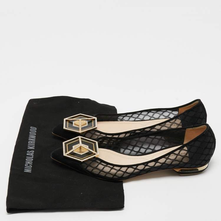 Pre Owned Nicholas Kirkwood Black Suede and Mesh  Ballet Flats Size 37