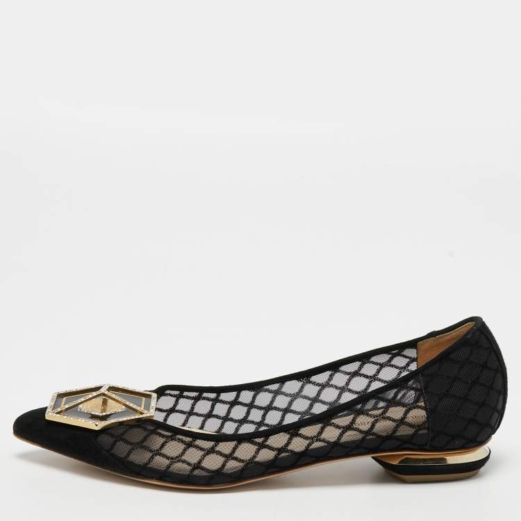 Pre Owned Nicholas Kirkwood Black Suede and Mesh  Ballet Flats Size 37