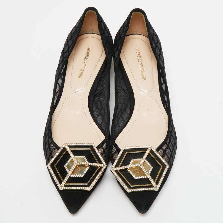 Pre Owned Nicholas Kirkwood Black Suede and Mesh  Ballet Flats Size 37